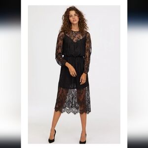 H&M Lace Long Sleeve Calf Length Dress Size 8 Black Whimsigoth Witchy Gothic